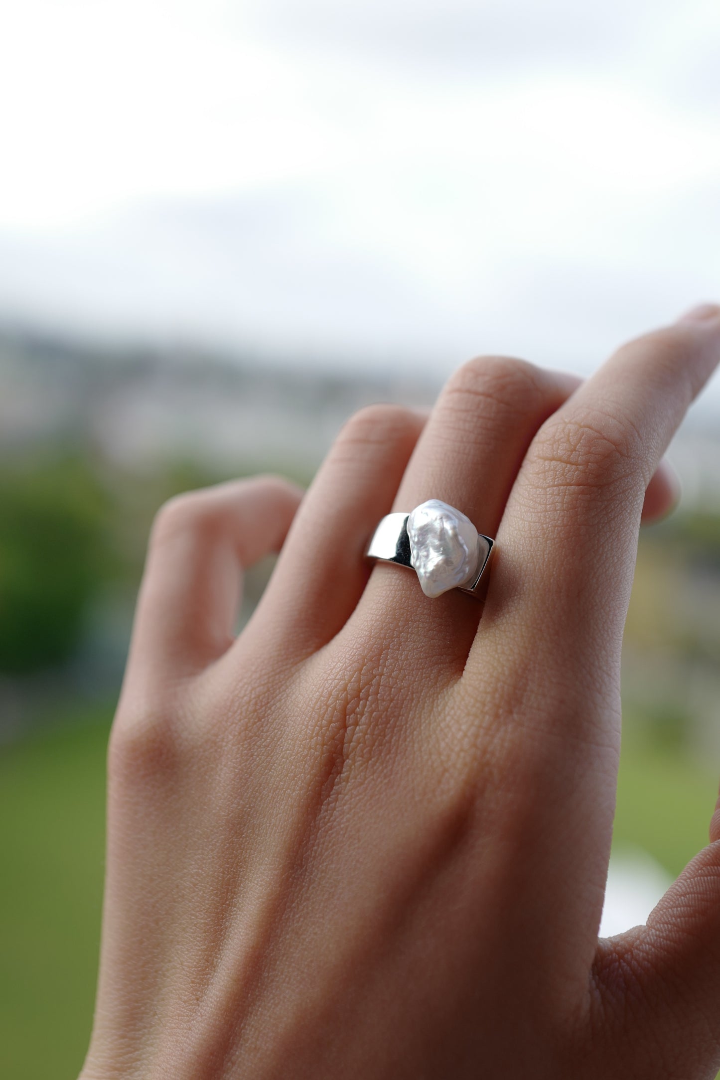 Charlotte Adjustable Silver Ring with Keshi Baroque Pearl